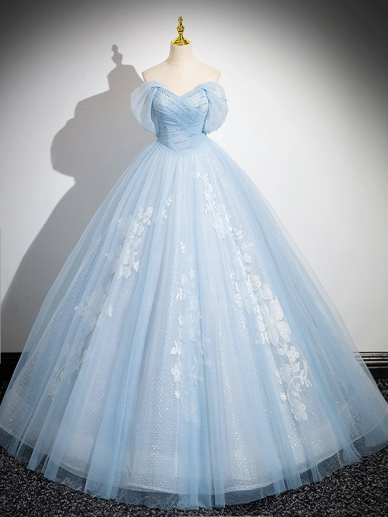 Blue Tulle Lace Long Prom Dresses, Ball Gown Blue Sweet 16 Dresses – shopluu